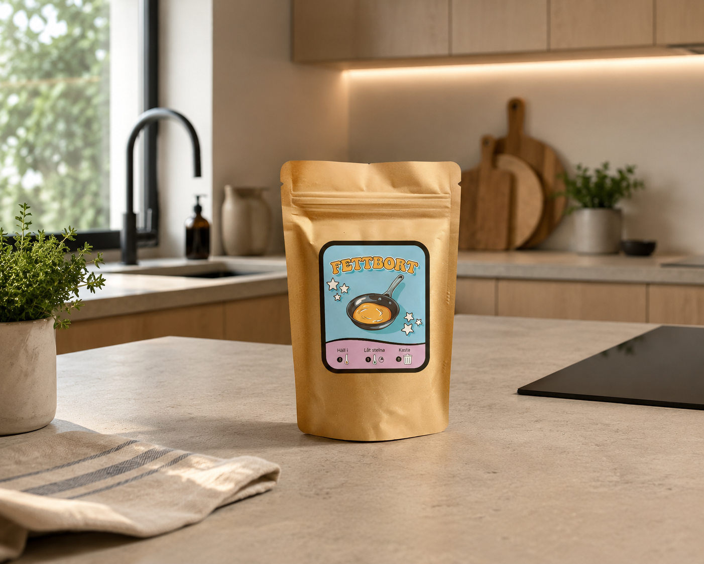 Fettbort 70 g-förpackning på köksbänk i ljust kök med fönster och krukväxter