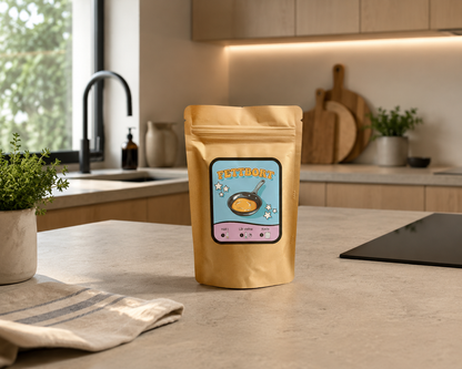 Fettbort 70 g-förpackning på köksbänk i ljust kök med fönster och krukväxter